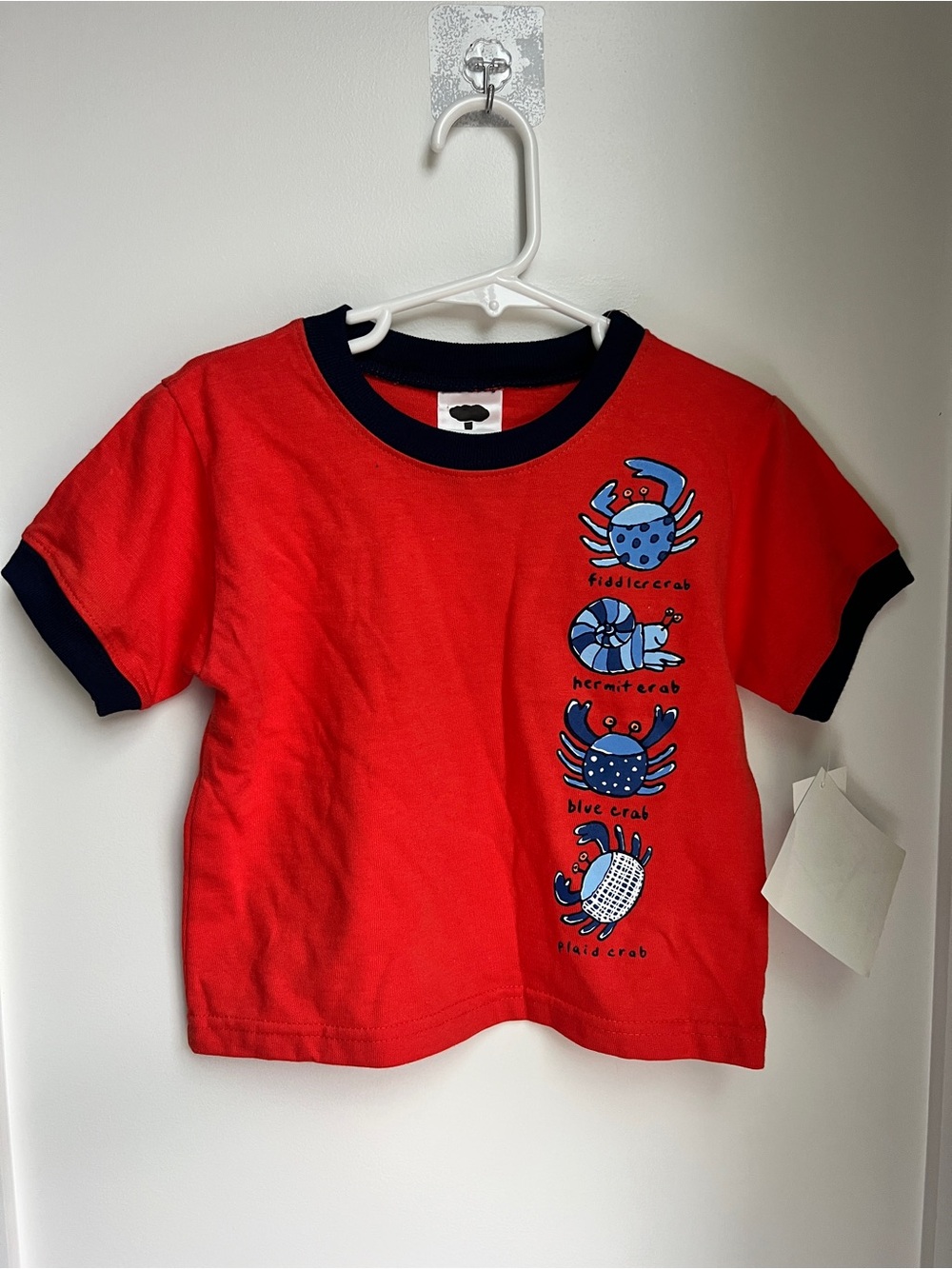 Mulberry Red Short Sleeve Tee with Navy Trim and Crab Motif